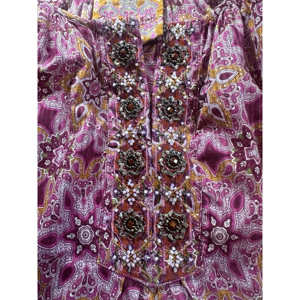 Robert Graham Women's SMALL Pink‎ Purple Beaded Embroidered Paisley Boho Blouse